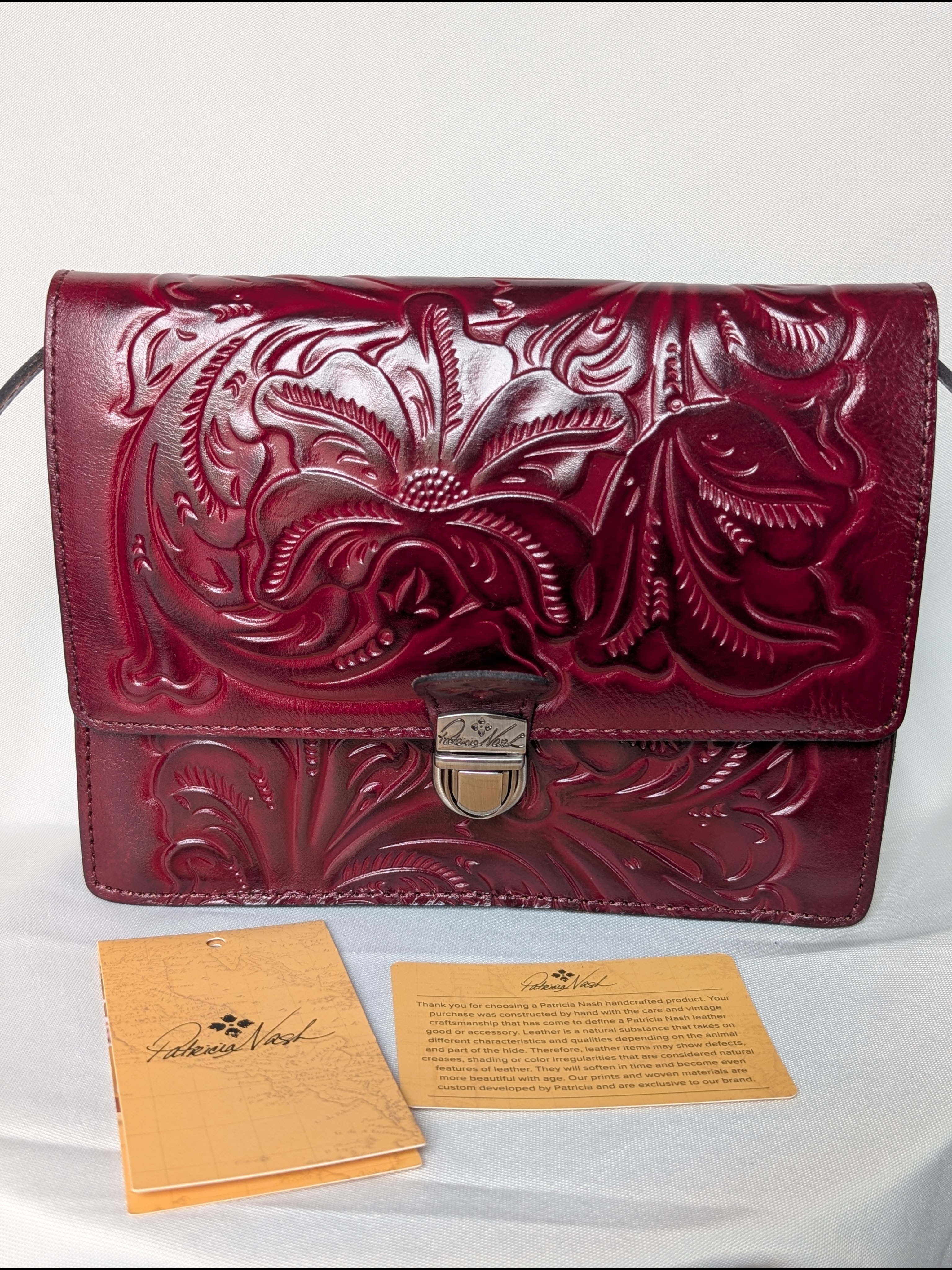 Patricia Nash Locri Crossbody Made In Italy Burgundy Tooled Leather